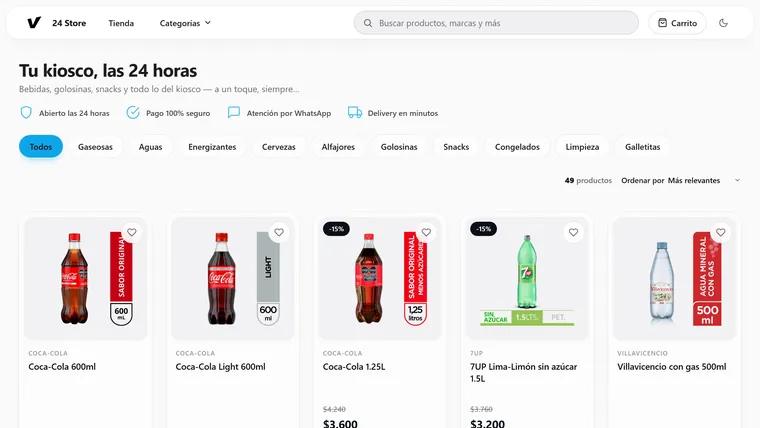 Demo de kiosco: catálogo de bebidas y snacks